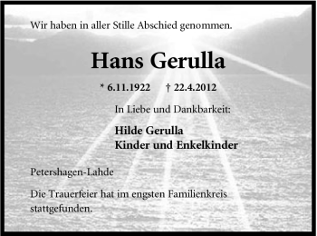 Anzeige von Hans Gerulla von Mindener Tageblatt