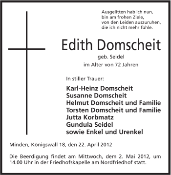 Anzeige von Edith Domscheit von Mindener Tageblatt