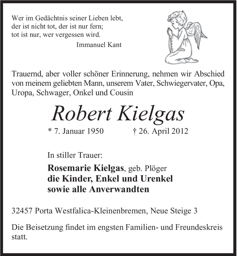  Traueranzeige für Robert Kielgas vom 28.04.2012 aus Mindener Tageblatt