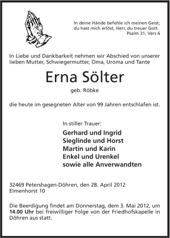 Anzeige von Erna Sölter von Mindener Tageblatt