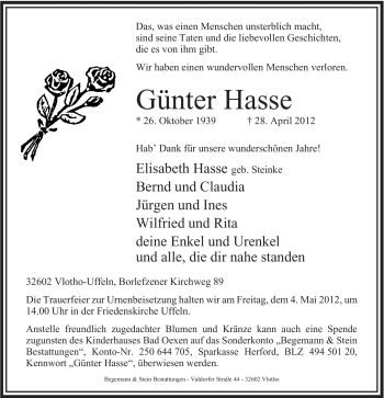 Anzeige von Günter Hasse von Mindener Tageblatt