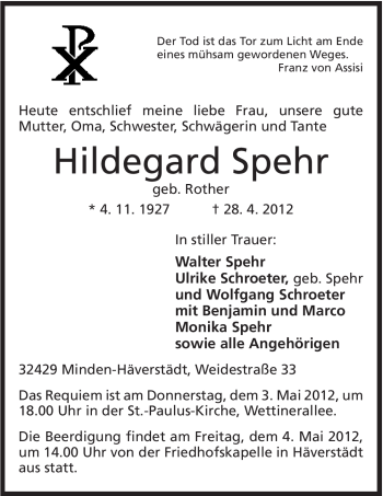 Anzeige von Hildegard Spehr von Mindener Tageblatt