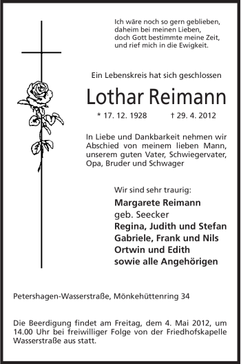 Anzeige von Lothar Reimann von Mindener Tageblatt