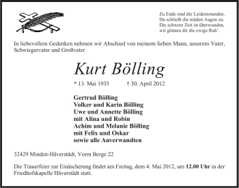 Anzeige von Kurt Bölling von Mindener Tageblatt