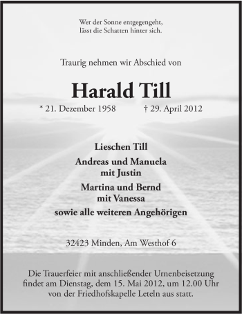 Anzeige von Harald Till von Mindener Tageblatt
