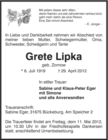 Anzeige von Grete Lipka von Mindener Tageblatt