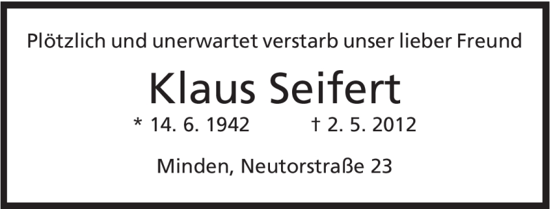  Traueranzeige für Klaus Seifert vom 05.05.2012 aus Mindener Tageblatt