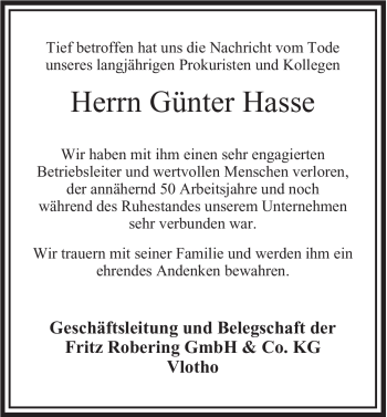 Anzeige von Günter Hasse von Mindener Tageblatt