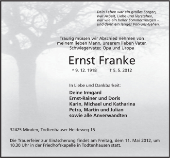 Anzeige von Ernst Franke von Mindener Tageblatt