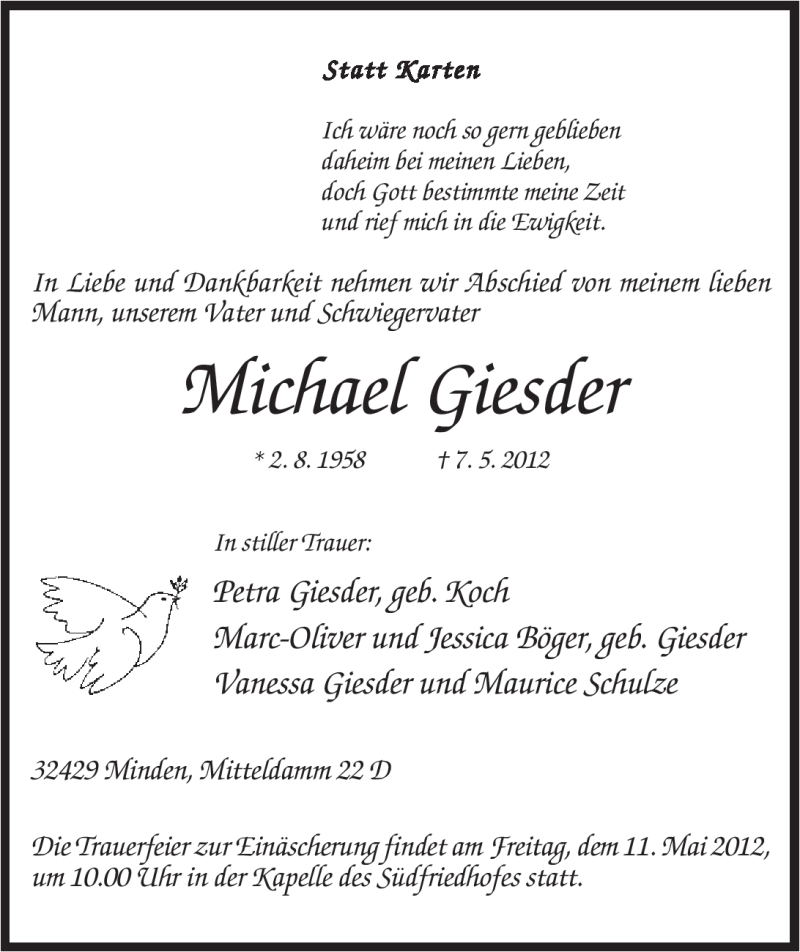  Traueranzeige für Michael Giesder vom 08.05.2012 aus Mindener Tageblatt