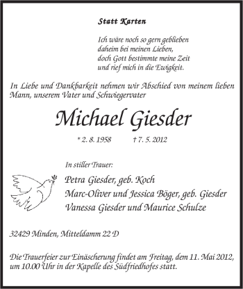 Anzeige von Michael Giesder von Mindener Tageblatt