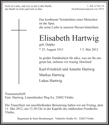 Anzeige von Elisabeth Hartwig von Mindener Tageblatt
