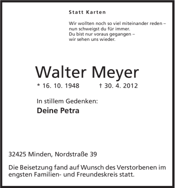 Anzeige von Walter Meyer von Mindener Tageblatt