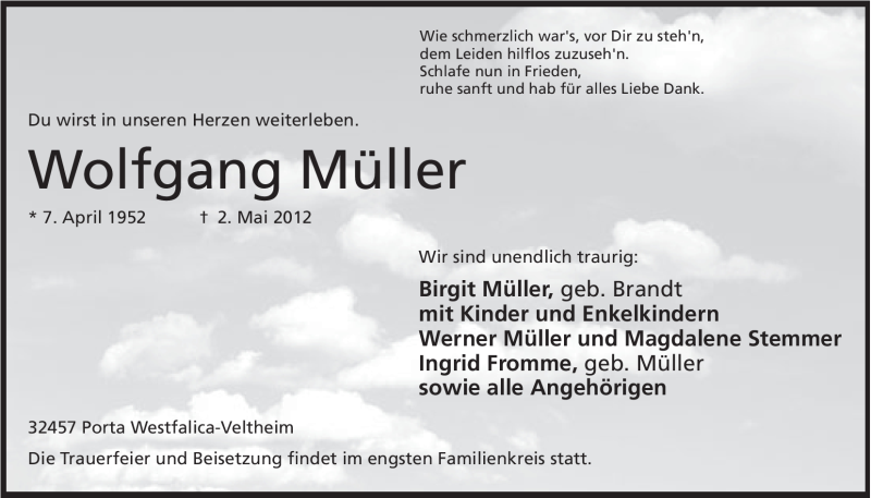  Traueranzeige für Wolfgang Müller vom 09.05.2012 aus Mindener Tageblatt