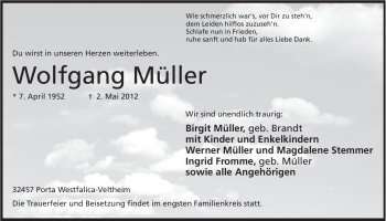 Anzeige von Wolfgang Müller von Mindener Tageblatt
