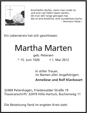 Anzeige von Martha Marten von Mindener Tageblatt