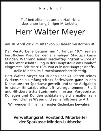 Anzeige von Walter Meyer von Mindener Tageblatt