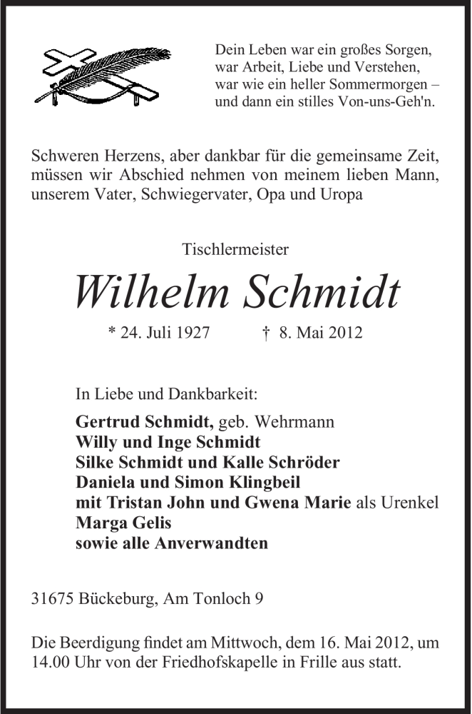  Traueranzeige für Wilhelm Schmidt vom 11.05.2012 aus Mindener Tageblatt