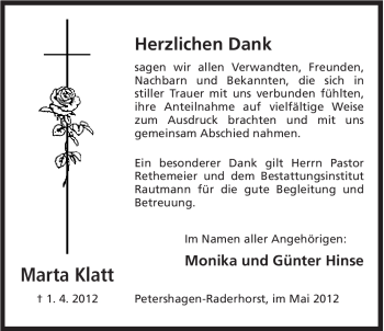 Anzeige von Marta Klatt von Mindener Tageblatt