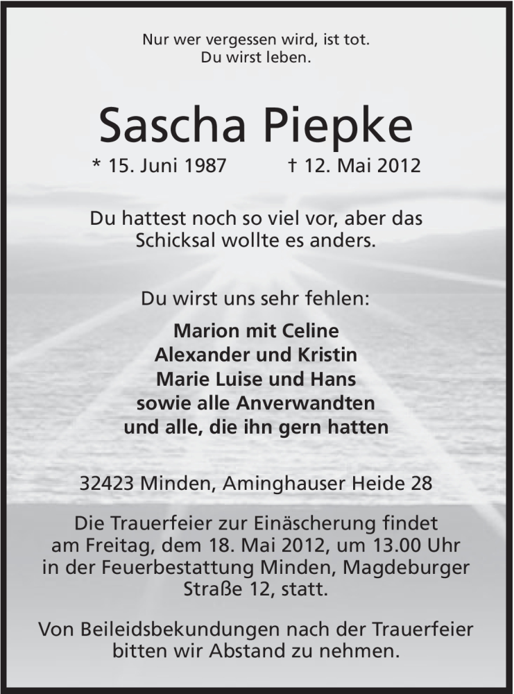  Traueranzeige für Sascha Piepke vom 15.05.2012 aus Mindener Tageblatt