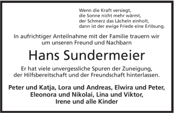 Anzeige von Hans Sundermeier von Mindener Tageblatt