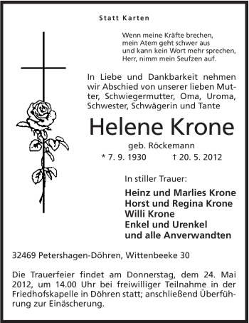 Anzeige von Helene Krone von Mindener Tageblatt