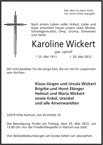Anzeige von Karoline Wickert von Mindener Tageblatt