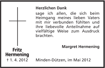 Anzeige von Fritz Hermening von Mindener Tageblatt