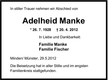 Anzeige von Adelheid Manke von Mindener Tageblatt