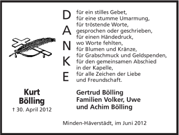 Anzeige von Kurt Bölling von Mindener Tageblatt