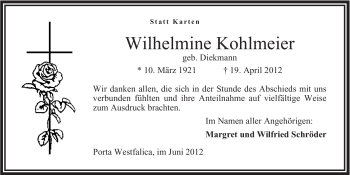 Anzeige von Wilhelmine Kohlmeier von Mindener Tageblatt