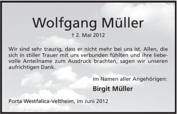 Anzeige von Wolfgang Müller von Mindener Tageblatt
