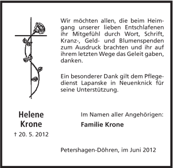 Anzeige von Helene Krone von Mindener Tageblatt