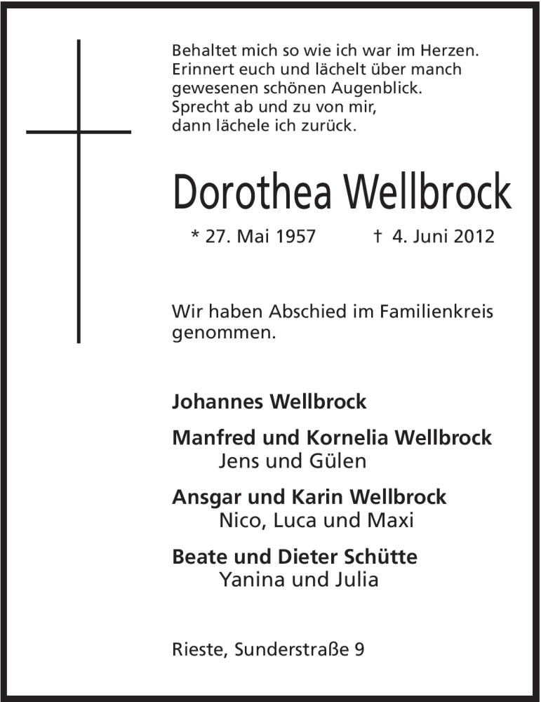  Traueranzeige für Dorothea Wellbrock vom 21.06.2012 aus Mindener Tageblatt