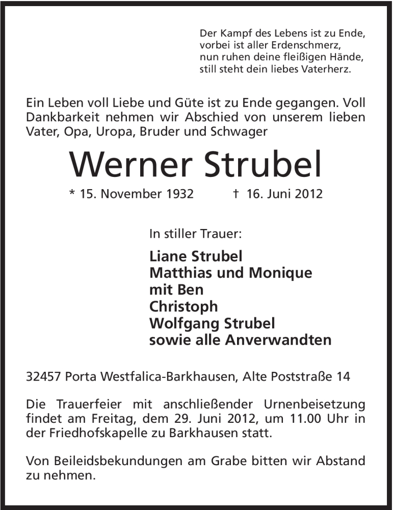  Traueranzeige für Werner Strubel vom 23.06.2012 aus Mindener Tageblatt