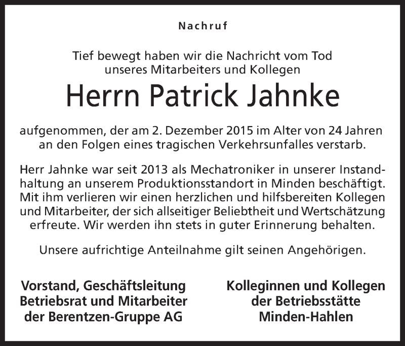  Traueranzeige für Patrick Jahnke vom 05.12.2015 aus Mindener Tageblatt