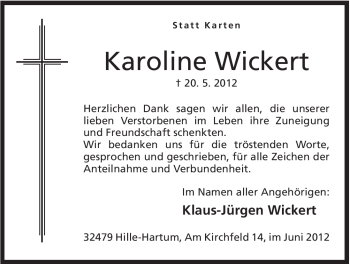 Anzeige von Karoline Wickert von Mindener Tageblatt