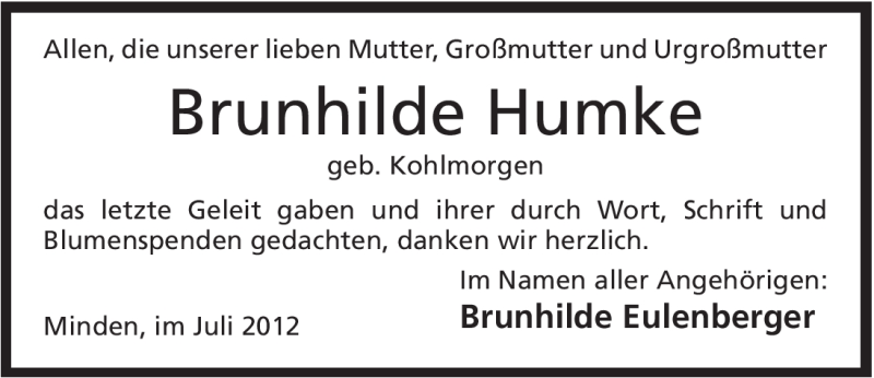  Traueranzeige für Brunhilde Humke vom 07.07.2012 aus Mindener Tageblatt