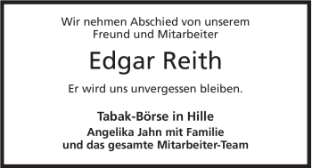 Anzeige von Edgar Reith von Mindener Tageblatt