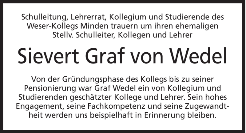  Traueranzeige für Sievert Graf von Wedel vom 14.07.2012 aus Mindener Tageblatt