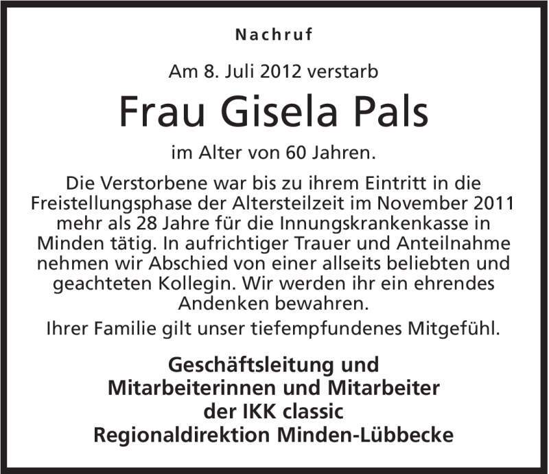  Traueranzeige für Gisela Pals vom 14.07.2012 aus Mindener Tageblatt