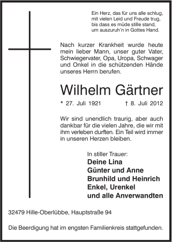Anzeige von Wilhelm Gärtner von Mindener Tageblatt