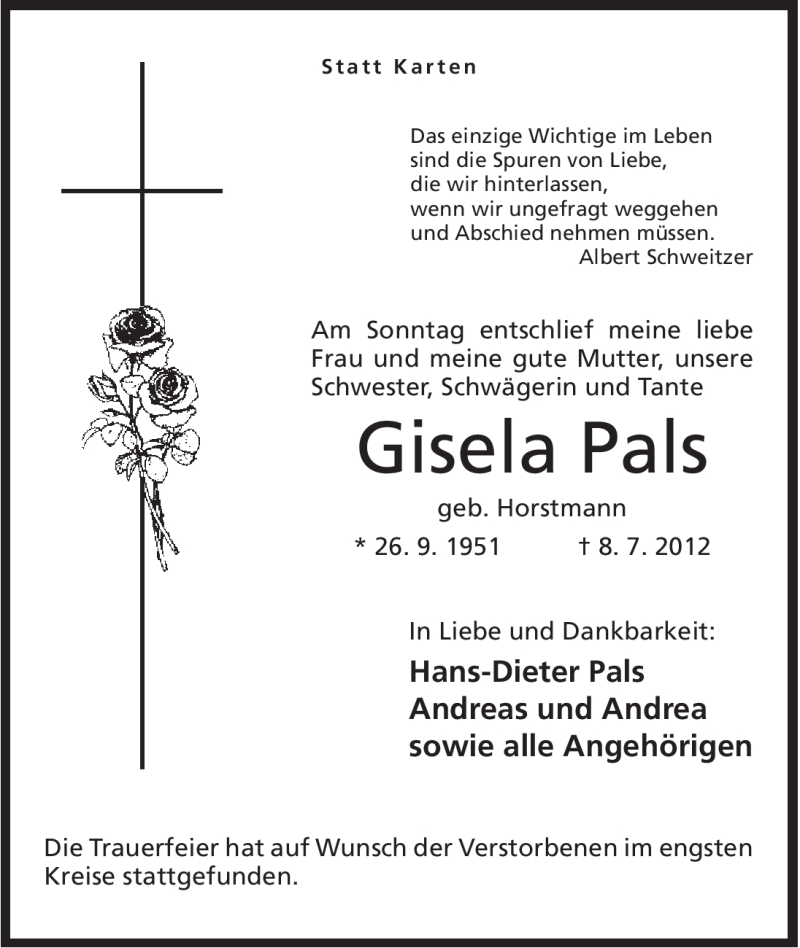  Traueranzeige für Gisela Pals vom 14.07.2012 aus Mindener Tageblatt
