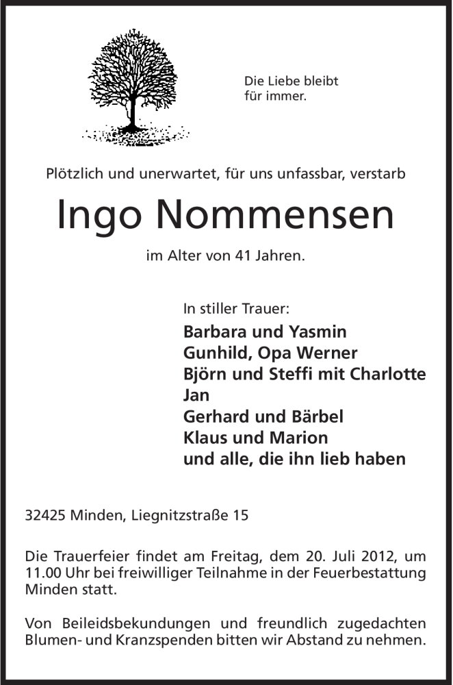 Traueranzeige für Ingo Nommensen vom 17.07.2012 aus Mindener Tageblatt