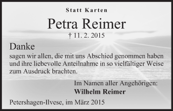 Anzeige von Petra Reimer von Mindener Tageblatt