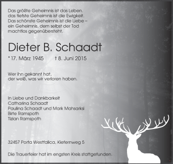 Anzeige von Dieter Schaadt von Mindener Tageblatt