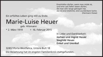Anzeige von Marie-Luise Heuer von Mindener Tageblatt