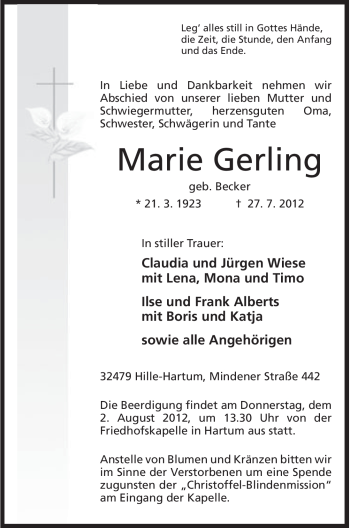Anzeige von Marie Gerling von Mindener Tageblatt