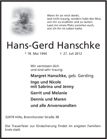 Anzeige von Hans-Gerd Hanschke von Mindener Tageblatt