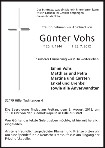 Anzeige von Günter Vohs von Mindener Tageblatt